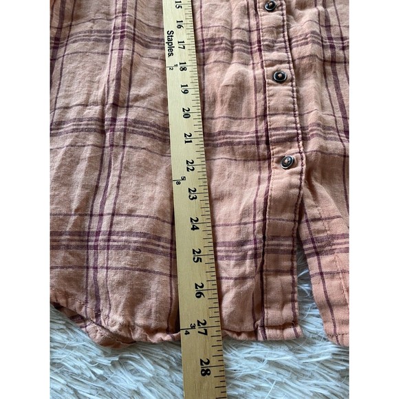 Free People 100% Linen No Limits Peach Plaid Button Down Shirt oversized Small - Picture 11 of 12